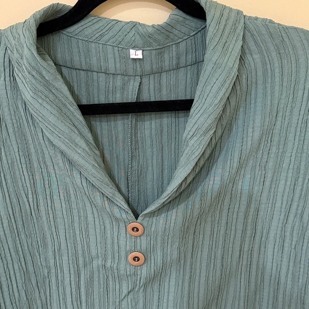 Elegant Teal Button- Short Sleeve turn down Blouse for Women Size Large - Picture 3 of 12
